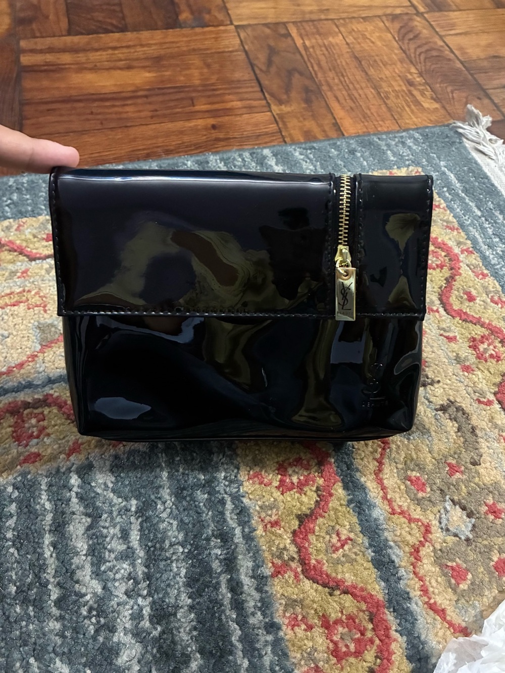 Yves Saint Laurent Black Patent Zip-Top Wristlet Clutch